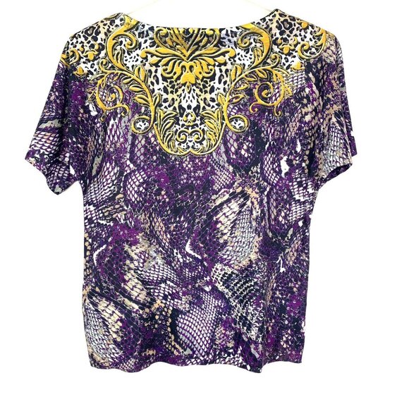 Cache Womens M Knit Blouse Purple Gold White Ornate Snake Print Short Sleeve Top - Picture 2 of 10